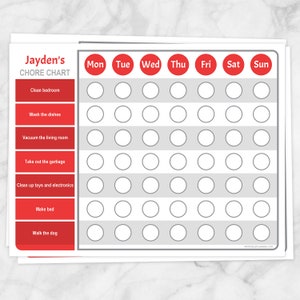 Printable Personalized Chore Chart Red, weekly chore chart, DIY editable PDF, edit name and chores list - Instant Download