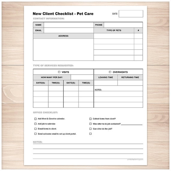 Printable Pet Care New Client Checklist Pet Sitting Visits Etsy