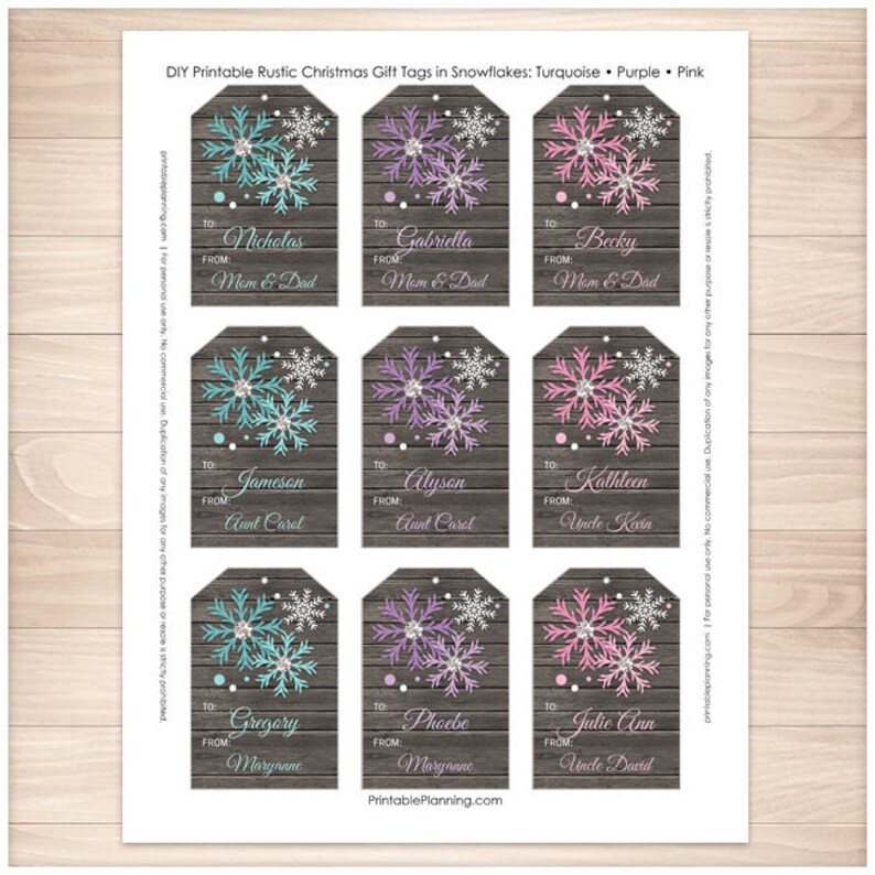 printable rustic snowflake gift tags personalized 3 colors etsy