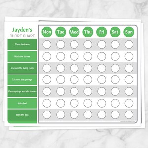Printable Personalized Chore Chart Green, weekly chore chart, DIY editable PDF, edit name and chores list - Instant Download