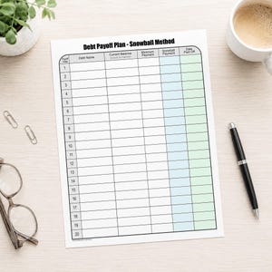 Pu&ograve; includere: Un foglio di monitoraggio Debt Payoff Plan Snowball Method con venti righe numerate e colonne per nome del debito, saldo attuale, pagamento minimo, pagamento snowball e data di estinzione, con colonne sfumate in blu e verde chiaro.