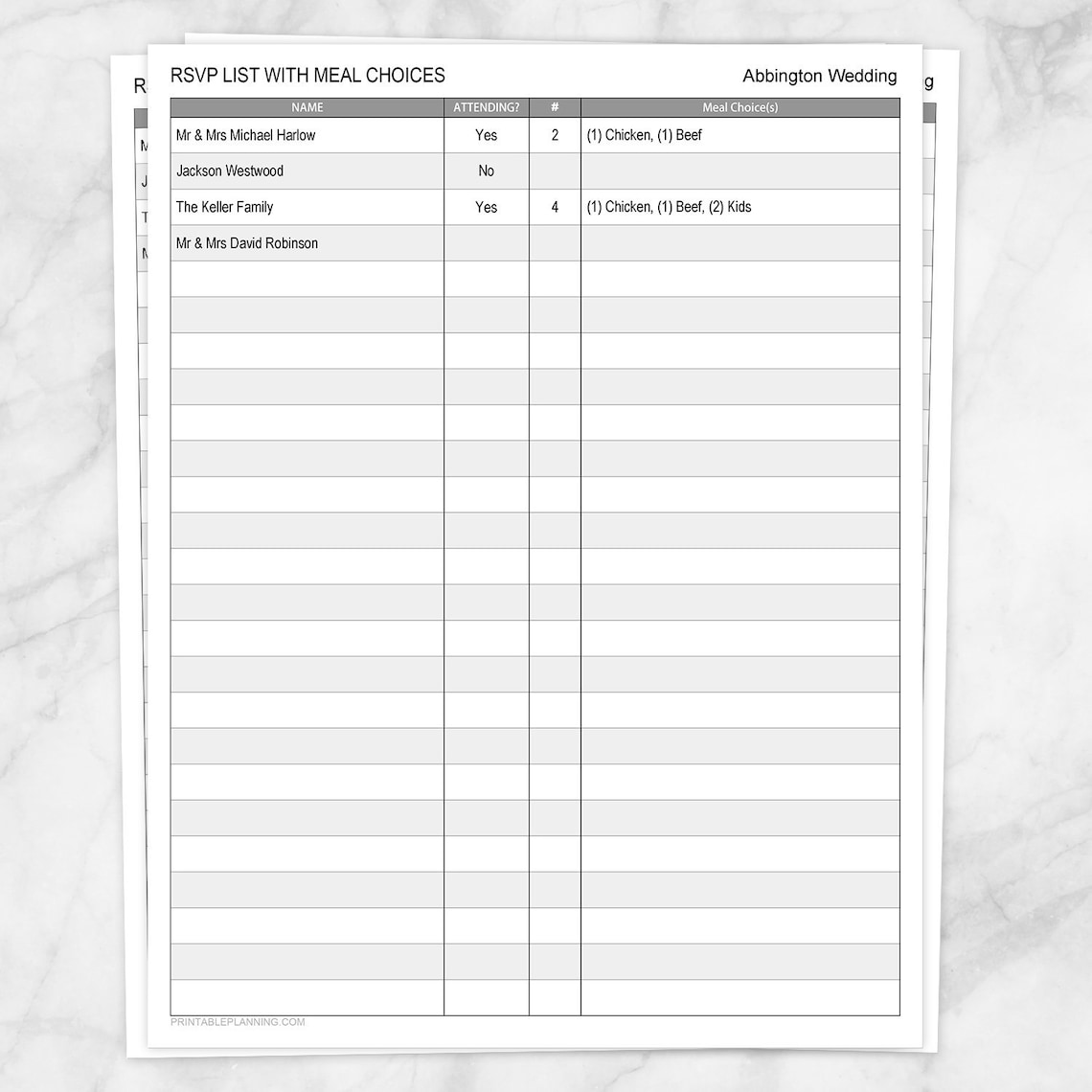 Printable RSVP List With Meal Choices, Editable Guest List With Entrée ...