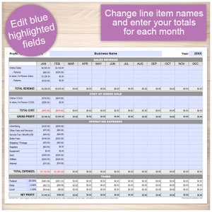 May include: A printable business profit and loss statement template with blue highlighted fields for entering sales revenue, cost of goods sold, operating expenses, taxes, and net profit for each month of the year. The template includes a section for business name and year.