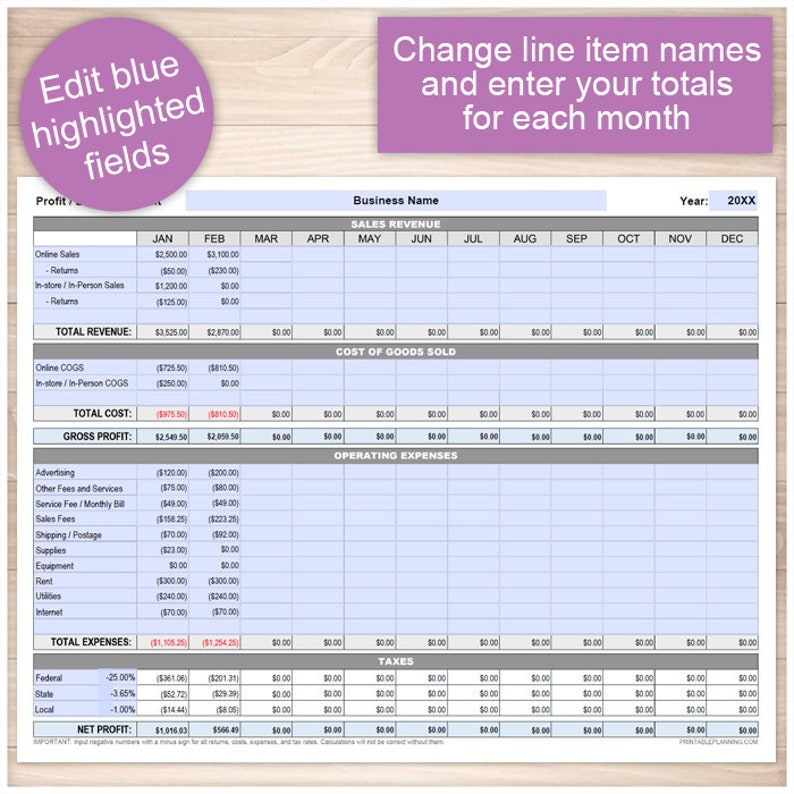 May include: A printable business profit and loss statement template with blue highlighted fields for entering sales revenue, cost of goods sold, operating expenses, taxes, and net profit for each month of the year. The template includes a section for business name and year.