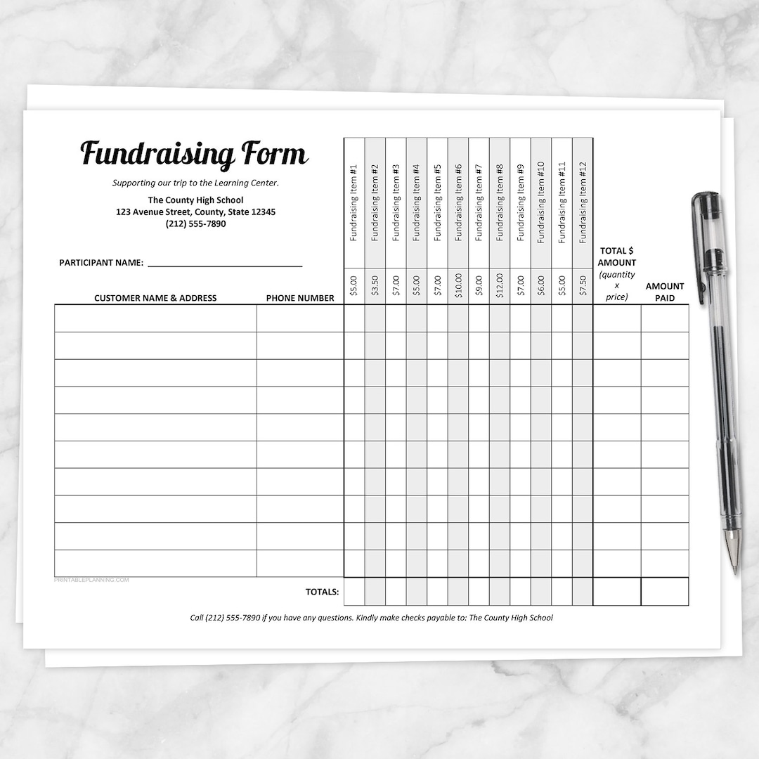 printable fundraising form, order tracking page, 12 item columns