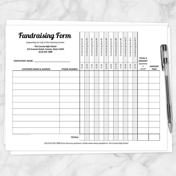 Printable Fundraising Form, order tracking page, 12 item columns with prices, 10 customer rows - PDF Instant Download