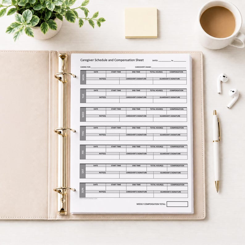 May include: A white paper Caregiver Schedule and Compensation Sheet inside a three-ring binder. The form includes rows for each day of the week with columns for date, start time, end time, total hours, compensation, notes, caregiver signature, and guardian signature.