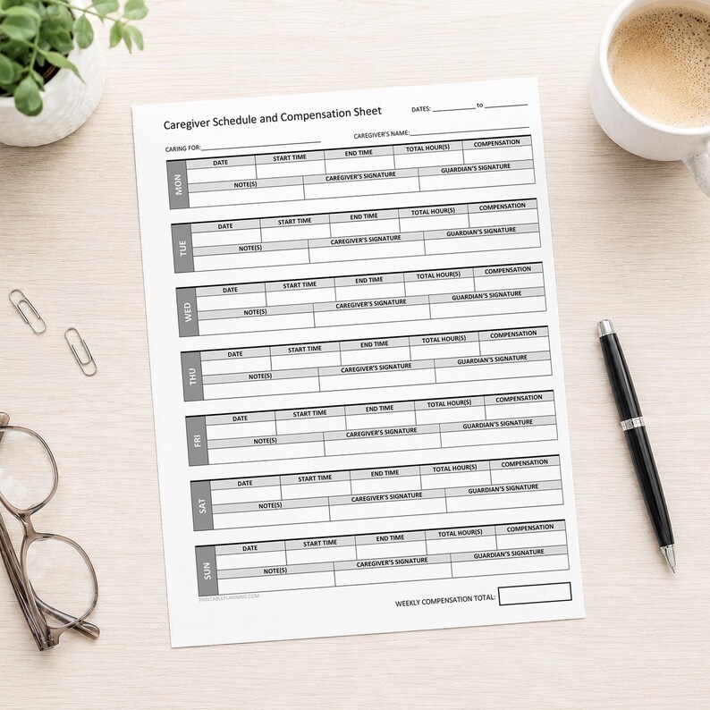 May include: A white Caregiver Schedule and Compensation Sheet with black text and lines. The form includes fields for dates, caregiver name, and daily logs for Monday through Sunday, featuring columns for start time, end time, total hours, and compensation.