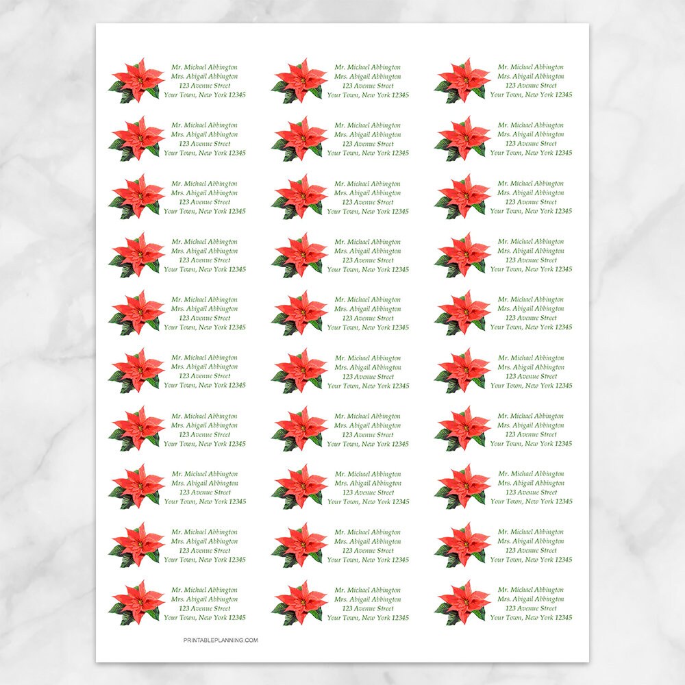 Printable Poinsettia Address Labels Holiday Red Green Personalized 2