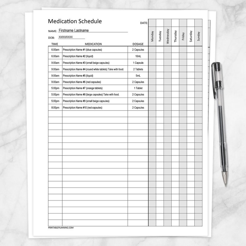 printable medication schedule for large prescription