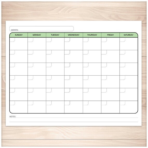 printable blank green calendar monthly full pages pdf etsy