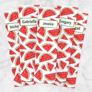 May include: Five watermelon-themed bookmarks with personalized names: Nicho, Gabriella, Jessica, Gregory, and Gail. The bookmarks feature a white background with a repeating pattern of red watermelon slices.