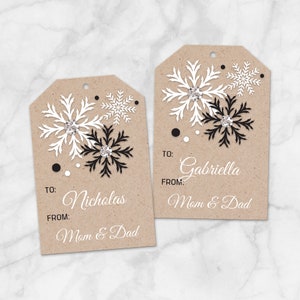 Printable Kraft Gift Tags - Personalized - Rustic Kraft with Black and White Snowflakes - Personalize the Names - Editable PDF