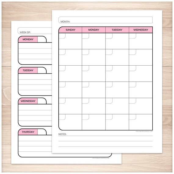 printable blank calendar planner pink monthly weekly facing pages print front and back offset for binder inclusion instant download calender pages to print