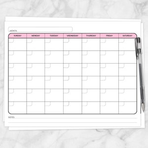 Printable Pink Blank Calendar, Monthly Full Pages PDF - Pink colored days of the week - Instant Download