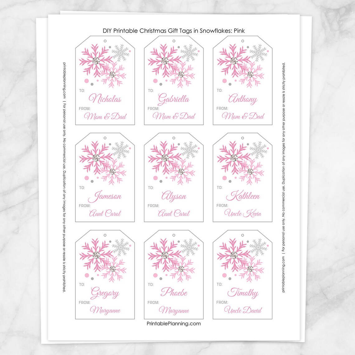 Printable Snowflake Gift Tags in Pink, Personalize the Names, Editable ...