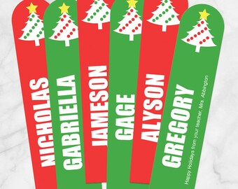 Printable Personalized Christmas Bookmarks, Holiday Tree Red Green, Teacher Student - Editable PDF Printable Bookmarks - Instant Download