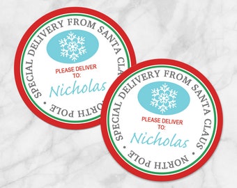May include: Two red, green, and white circular gift tags with a snowflake design and the text "Special Delivery from Santa Claus. North Pole" and "Please Deliver To: Nicholas".