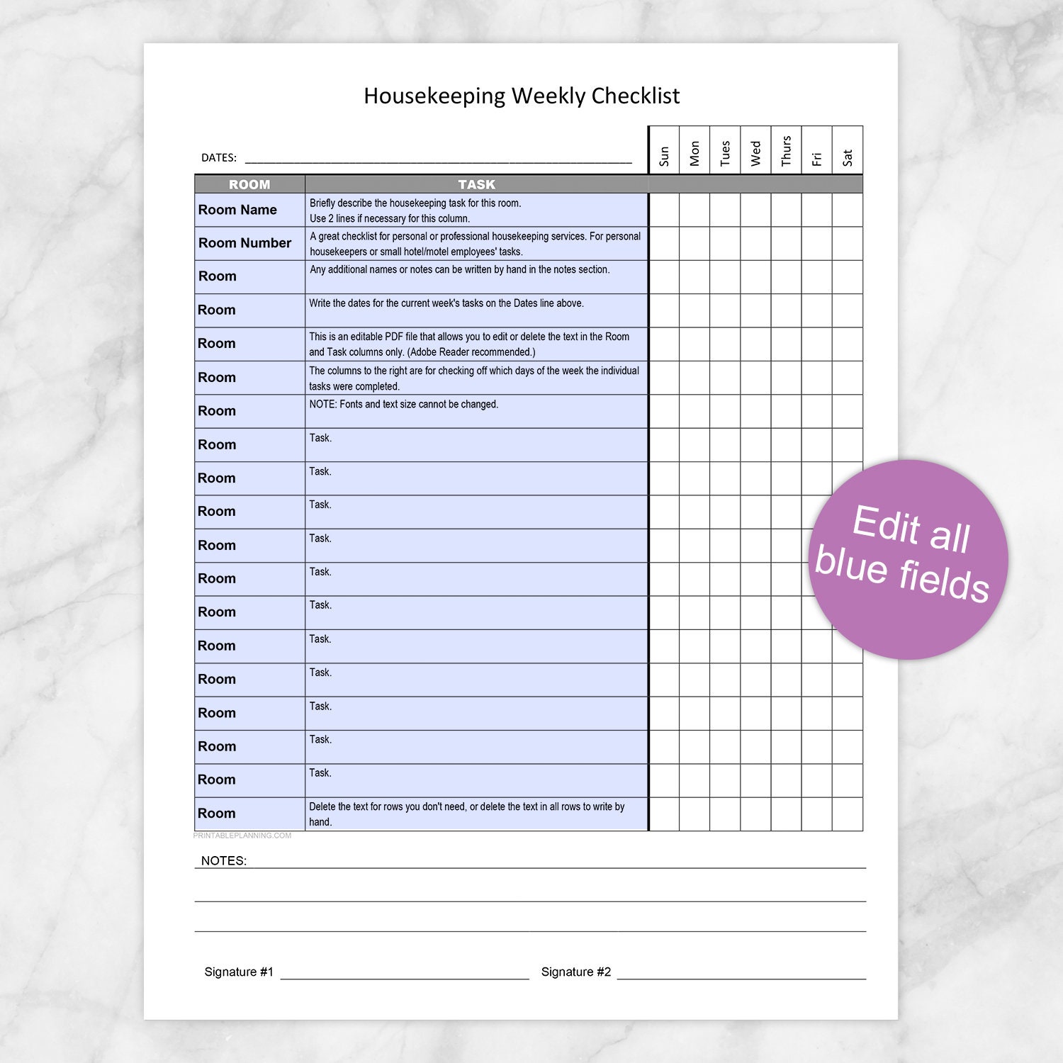 Printable Housekeeping Weekly Checklist, Editable PDF Personal