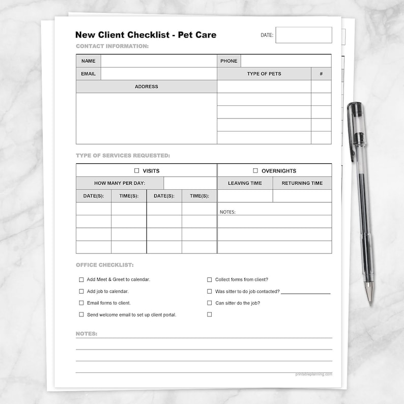 Printable Pet Care New Client Checklist Pet Sitting Visits and