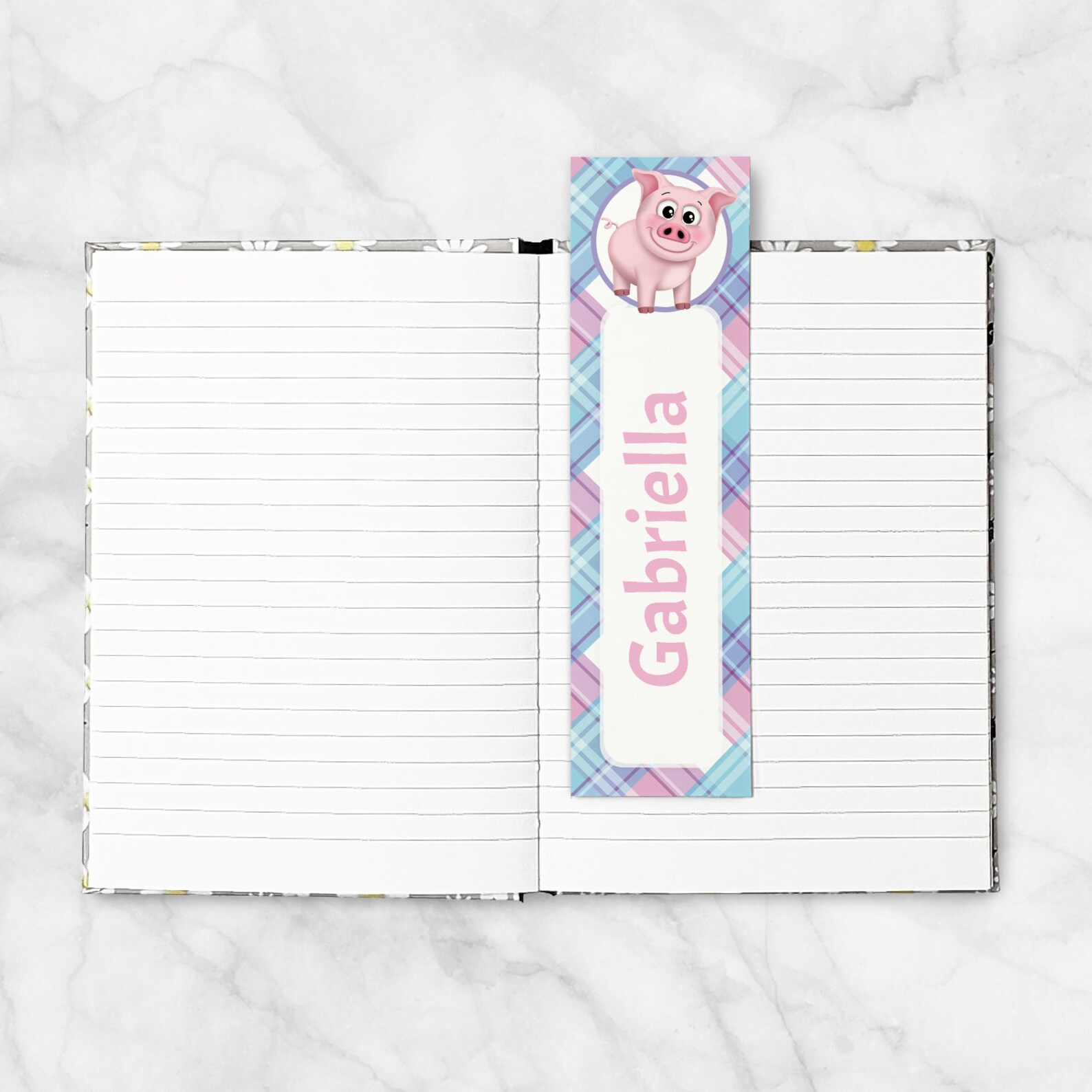 Printable Personalized Pig Bookmarks, Pink Blue Purple Plaid Pattern, Cute Animal-themed Reading ...