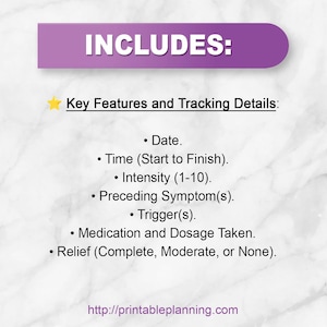 Pode incluir: Uma folha de informa&ccedil;&otilde;es digital com um cabe&ccedil;alho roxo escrito INCLUDES: seguido por uma estrela amarela e o texto Key Features and Tracking Details: Date, Time, Intensity, Preceding Symptom, Trigger, Medication, Dosage e Relief status.