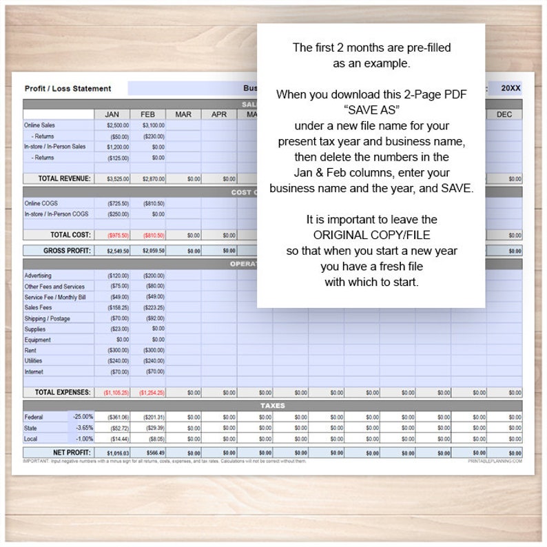 May include: A printable profit and loss statement template for a business. The template is pre-filled for the first two months of the year, January and February. The template includes sections for online sales, in-store sales, total revenue, cost of goods sold, gross profit, operating expenses, taxes, and net profit. The template is designed to be used for a full year, with columns for each month of the year.