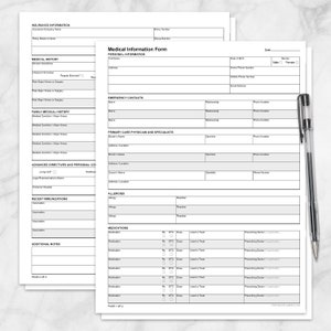 Puede incluir: Un formulario de información médica en blanco y negro con secciones para información personal, información de seguro, historial médico, historial médico familiar, contactos de emergencia, médico de atención primaria y especialistas, alergias, medicamentos, directivas anticipadas y contactos personales, y vacunas recientes.