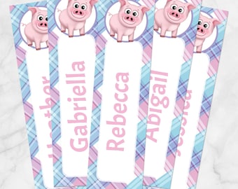 Printable Personalized Pig Bookmarks, Pink Blue Purple Plaid Pattern, Cute Animal-themed reading gift - Editable PDF Printable Bookmarks