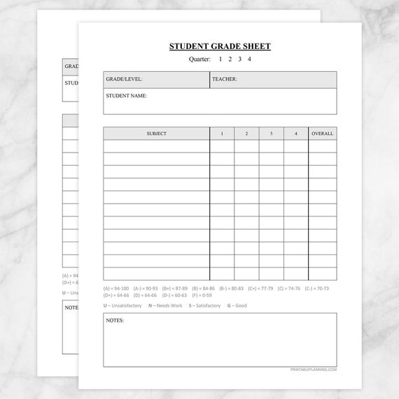 Printable Student Grade Sheet Quarters or Trimesters Grade | Etsy