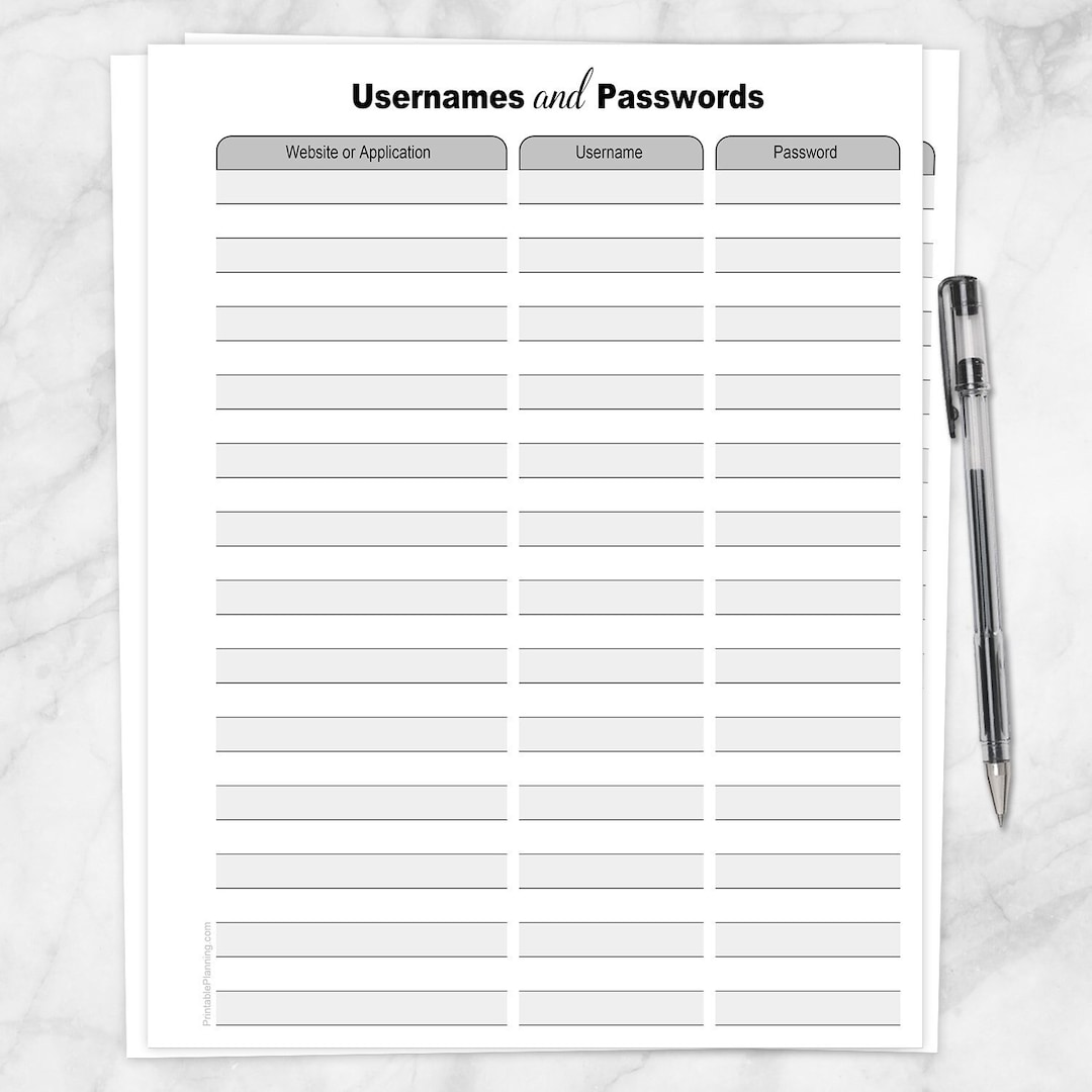 Printable Usernames and Passwords List for Your site and Application