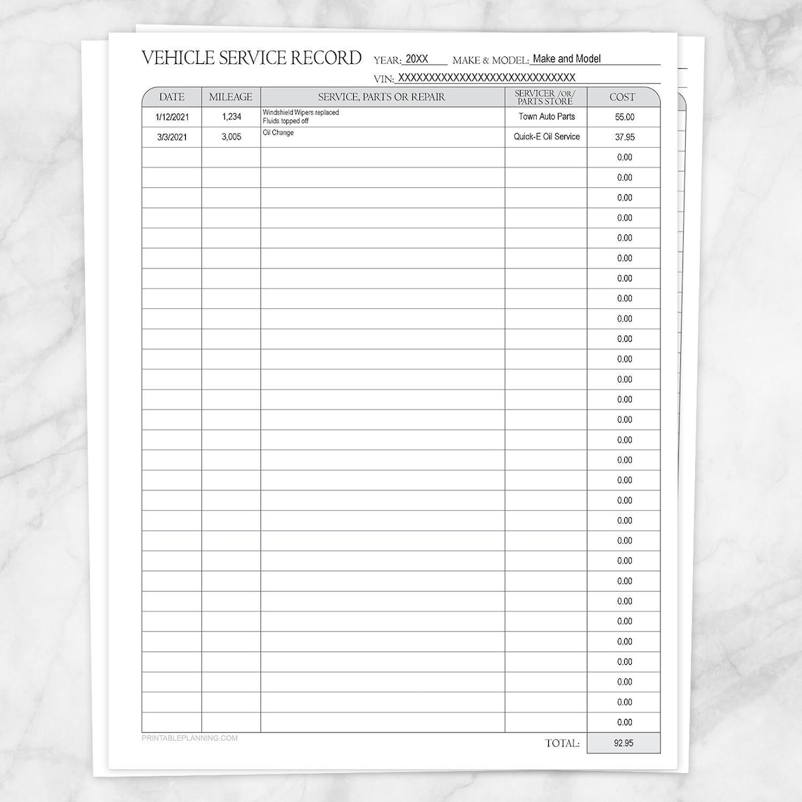 Printable Vehicle Service Record, Auto-calculating Total, Maintenance ...