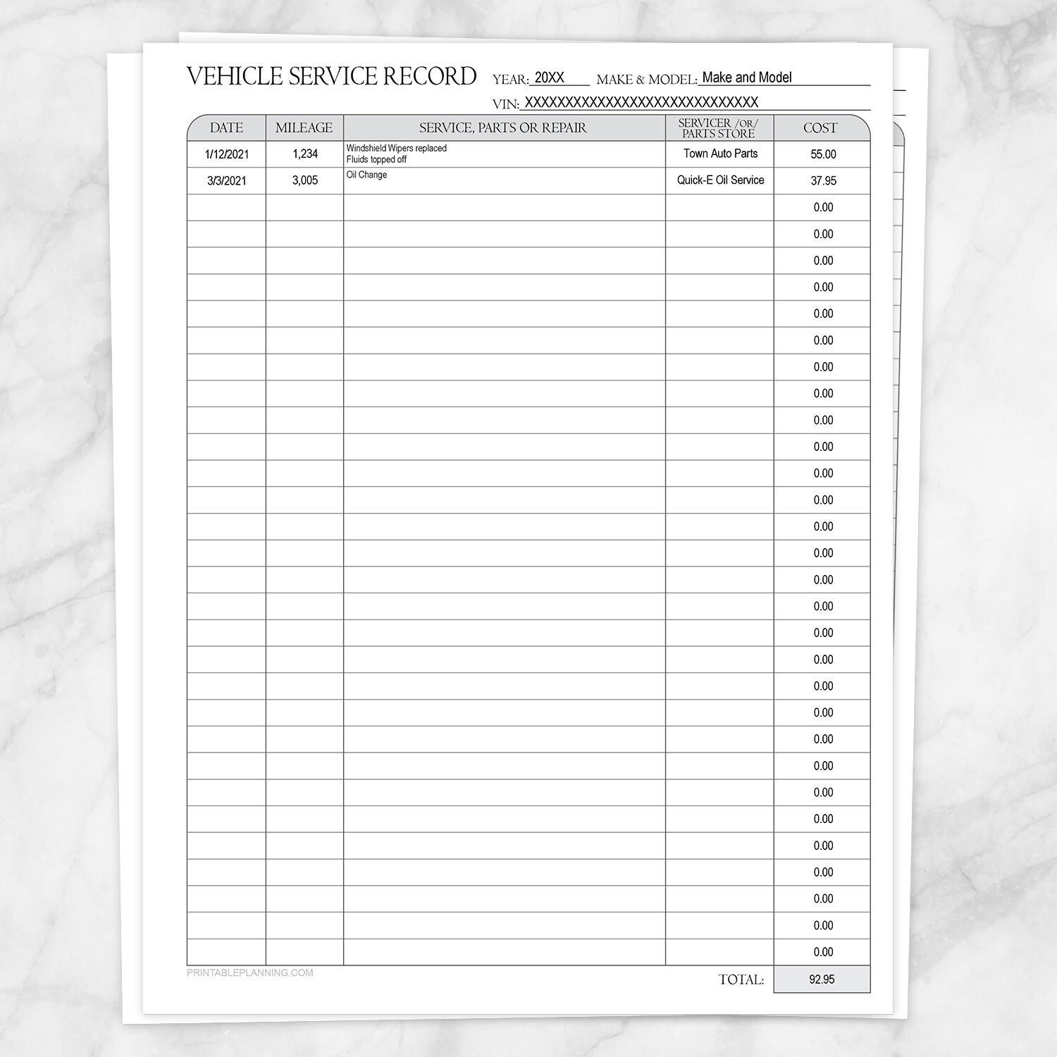Printable Vehicle Service Record, Autocalculating Total, Maintenance Printable Vehicle Service Record, Autocalculating Total, Maintenance