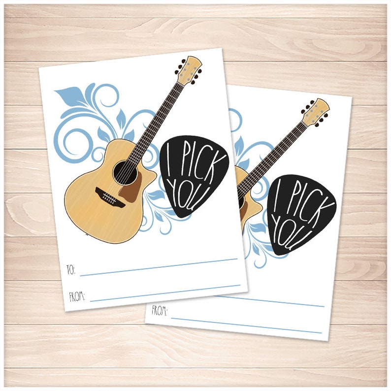 Printable I Pick You Guitar Valentine's Day Cards 3x4 | Etsy
