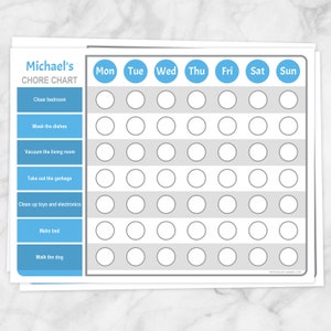 Printable Personalized Chore Chart Blue, weekly chore chart, DIY editable PDF, edit name and chores list - Instant Download