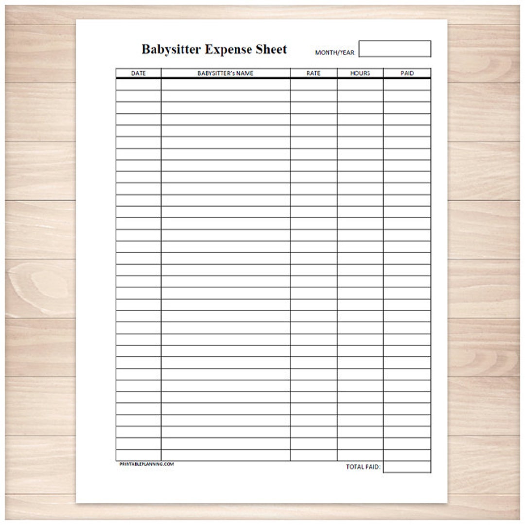 Printable Babysitter Expense Sheet Monthly Babysitter or - Etsy