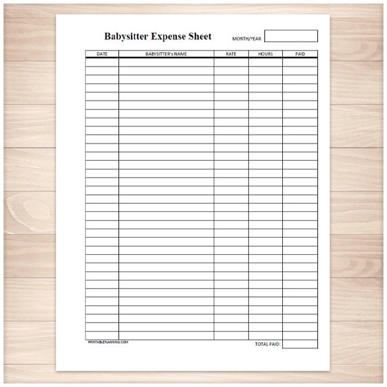 Printable Babysitter Expense Sheet Instant Download Monthly Babysitter or Child Care Payment Log
