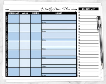 Printable Weekly Meal Planning Page with Grocery List, Blue Meal Planner - Instant Download