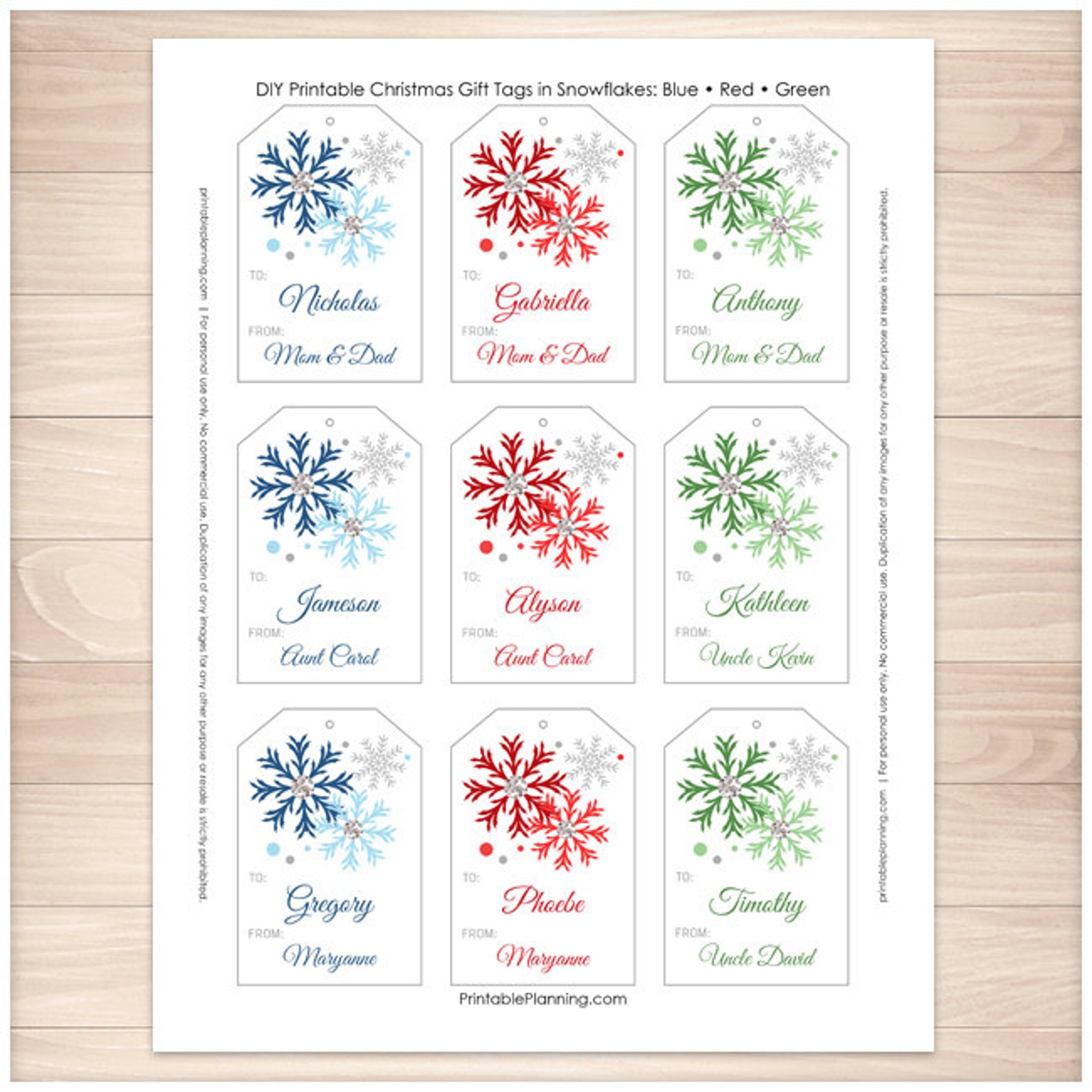 Printable Snowflake Gift Tags Personalized 3 Colors Blue | Etsy