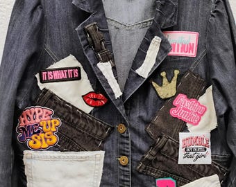 Thrifted, dry cleaned and designed size 14/16 denim on denim blazer with patches