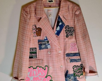 1X Plus Size Pink & Green blazer with patches