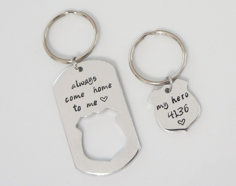 Your Own Words.Custom Jwelry Police Officer Wife Set Keychain Hand Stamped Dog Tag Police Badge Always Come Home To Me My Hero Keychain