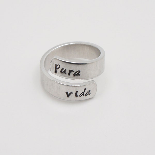 Pura Vida Ring. Gift Costa Rica. BFF Ring. for Friend. Inspirational Quote Ring. Wrap Ring. Hand Stamped Ring.