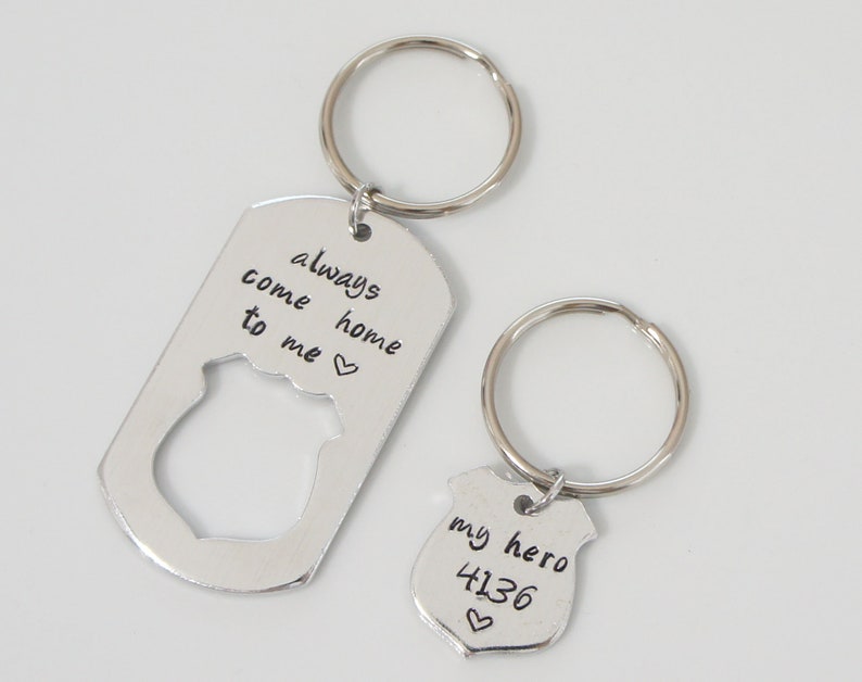 Your Own Words.Custom Jwelry Police Officer Wife Set Keychain Hand Stamped Dog Tag Police Badge Always Come Home To Me My Hero Keychain