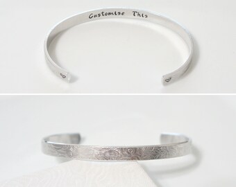 Personalized Hand Stamped Bracelet. Custom Message Cuff. Floral Cuff.