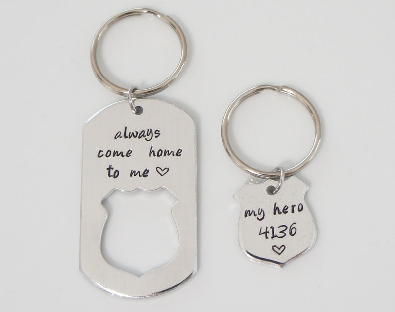 Your Own Words.Custom Jwelry Police Officer Wife Set Keychain Hand Stamped Dog Tag Police Badge Always Come Home To Me My Hero Keychain