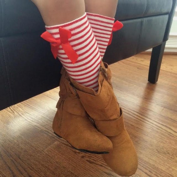 Legwarmers with Bows, Socks with Bows, Children's Knee High Socks, Girls Kids Tube Socks, Red/White Stripped Socks