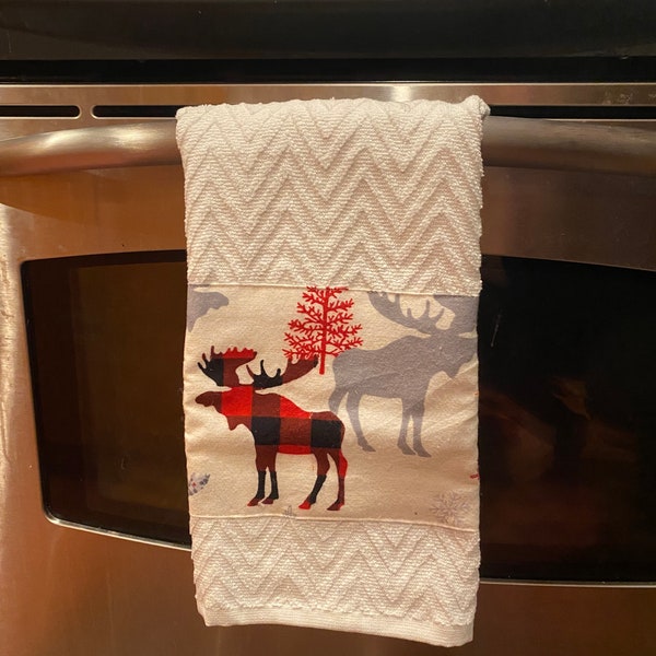 Winter white plaid moose kitchen towel