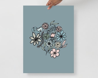 Blue Floating Florals | Art Print, Digital Drawing