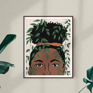 Green Goddess | Art Print, Digital Drawing Illustration, Black Woman, Plants, Leaves, Floral, African American, Feminine, Girl’s Room, Face